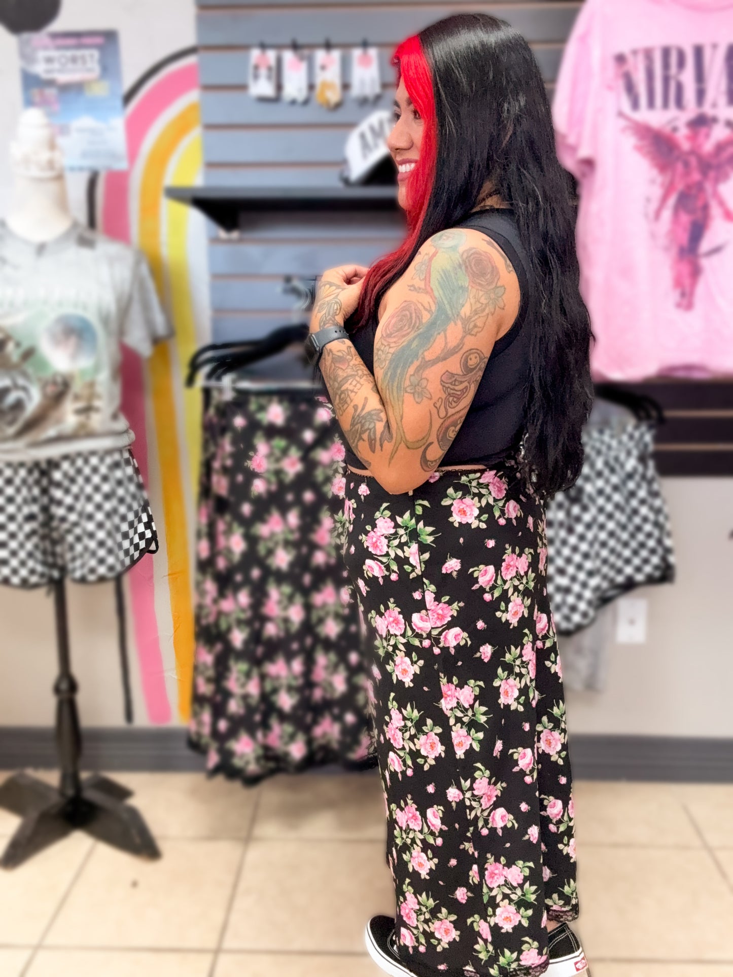 Satin Black Rose Midi Skirt