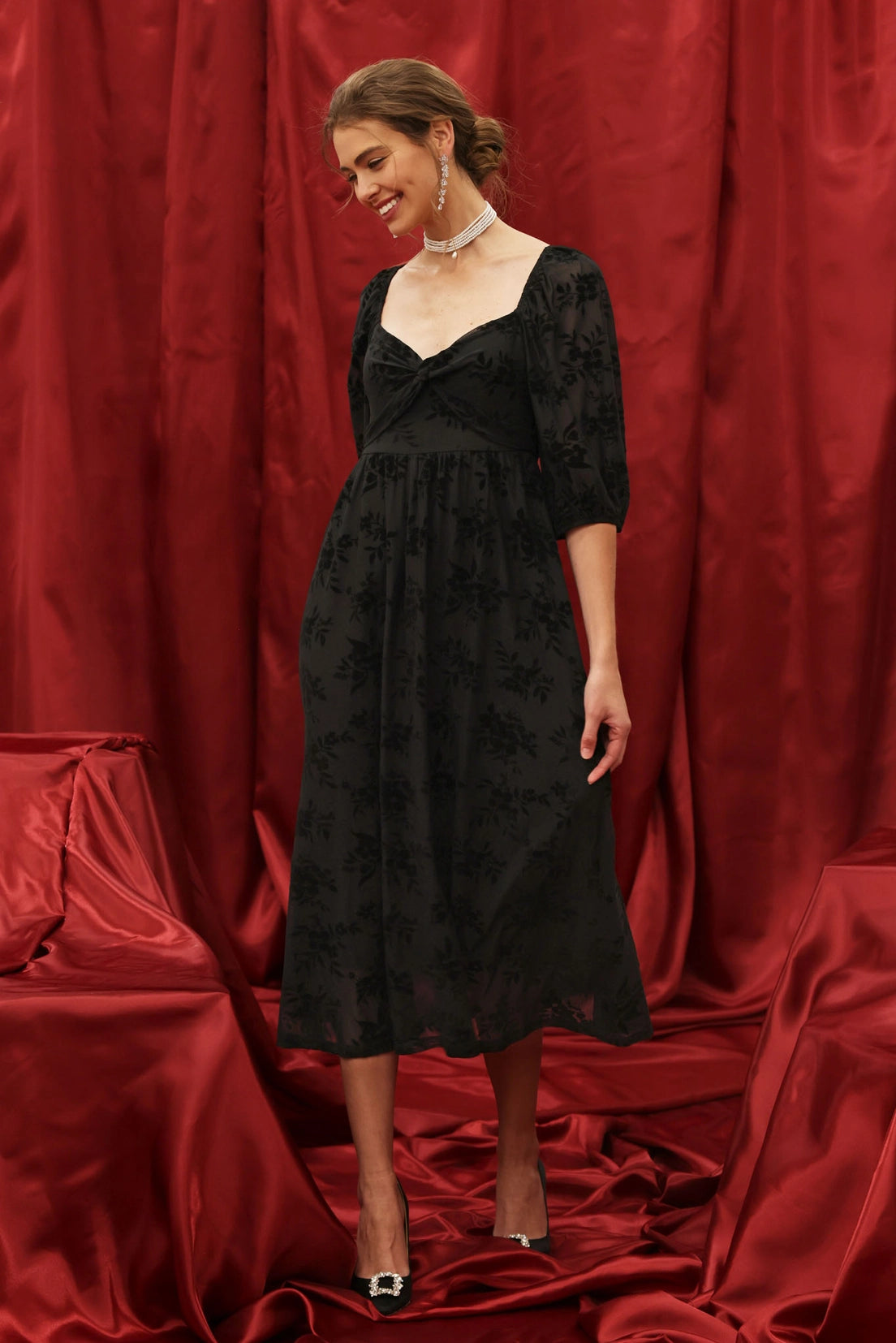 Floral Velvet Twist Front Dress