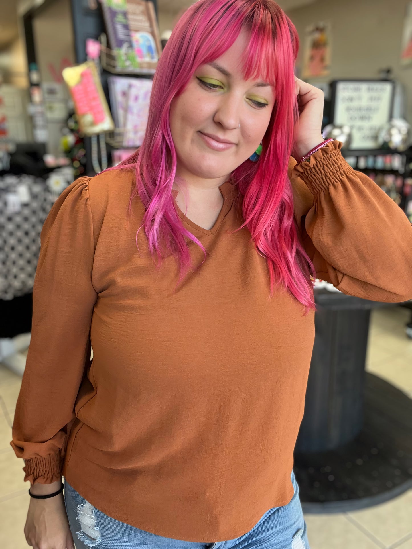 Rust Cinched Sleeve Top