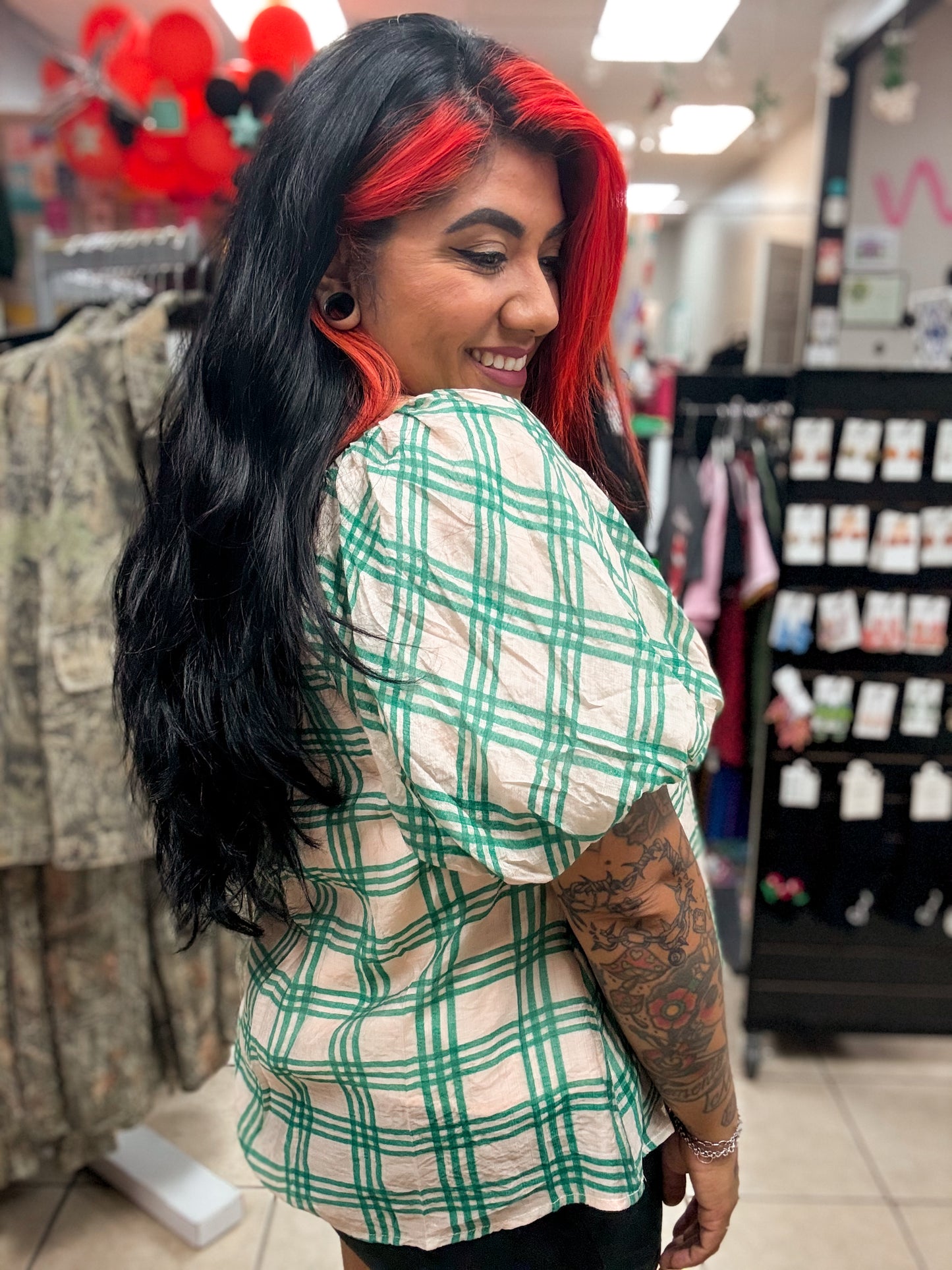 Cream and Green Plaid Top