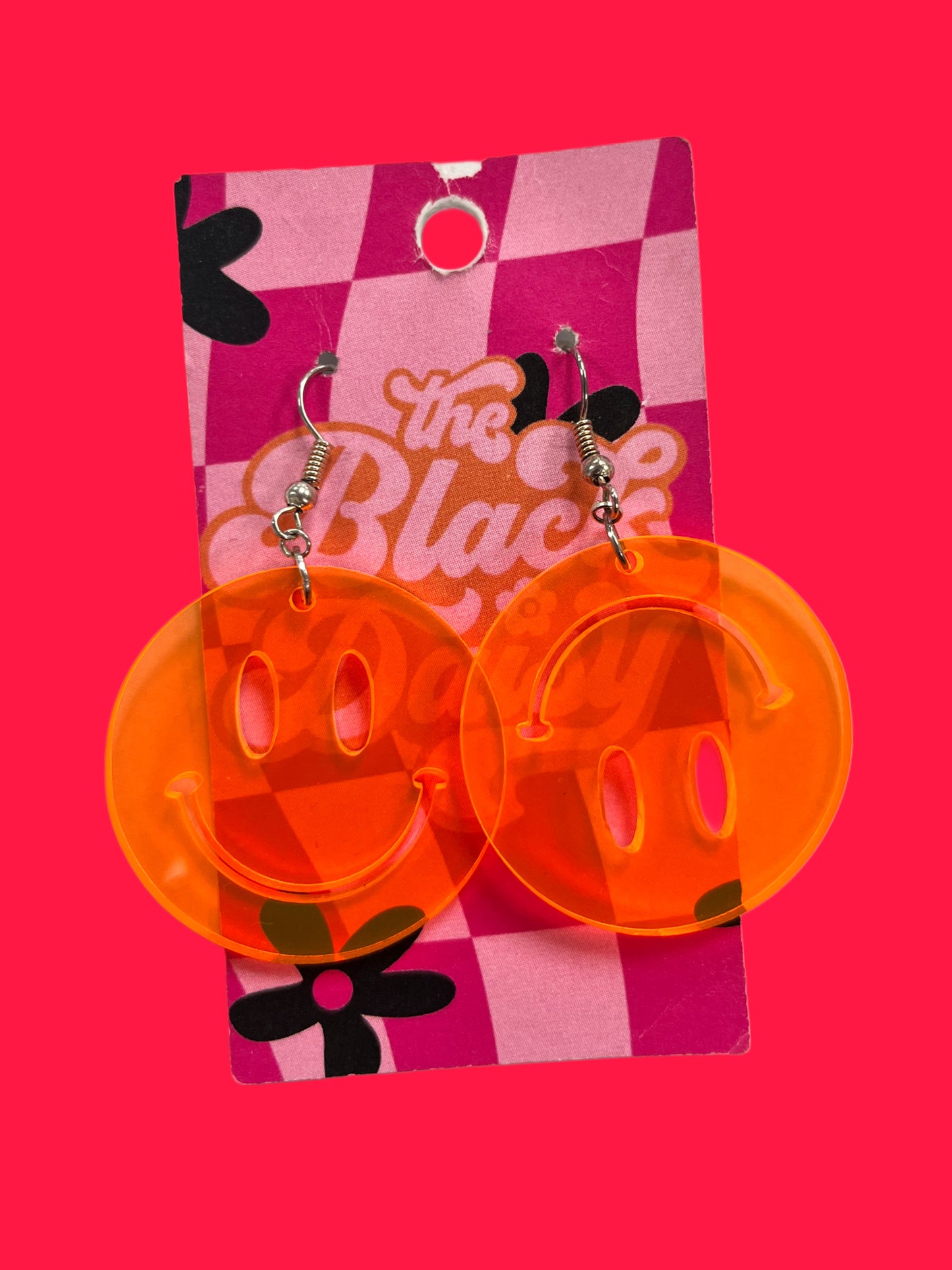 Neon Orange Mismatch Smiley Earrings