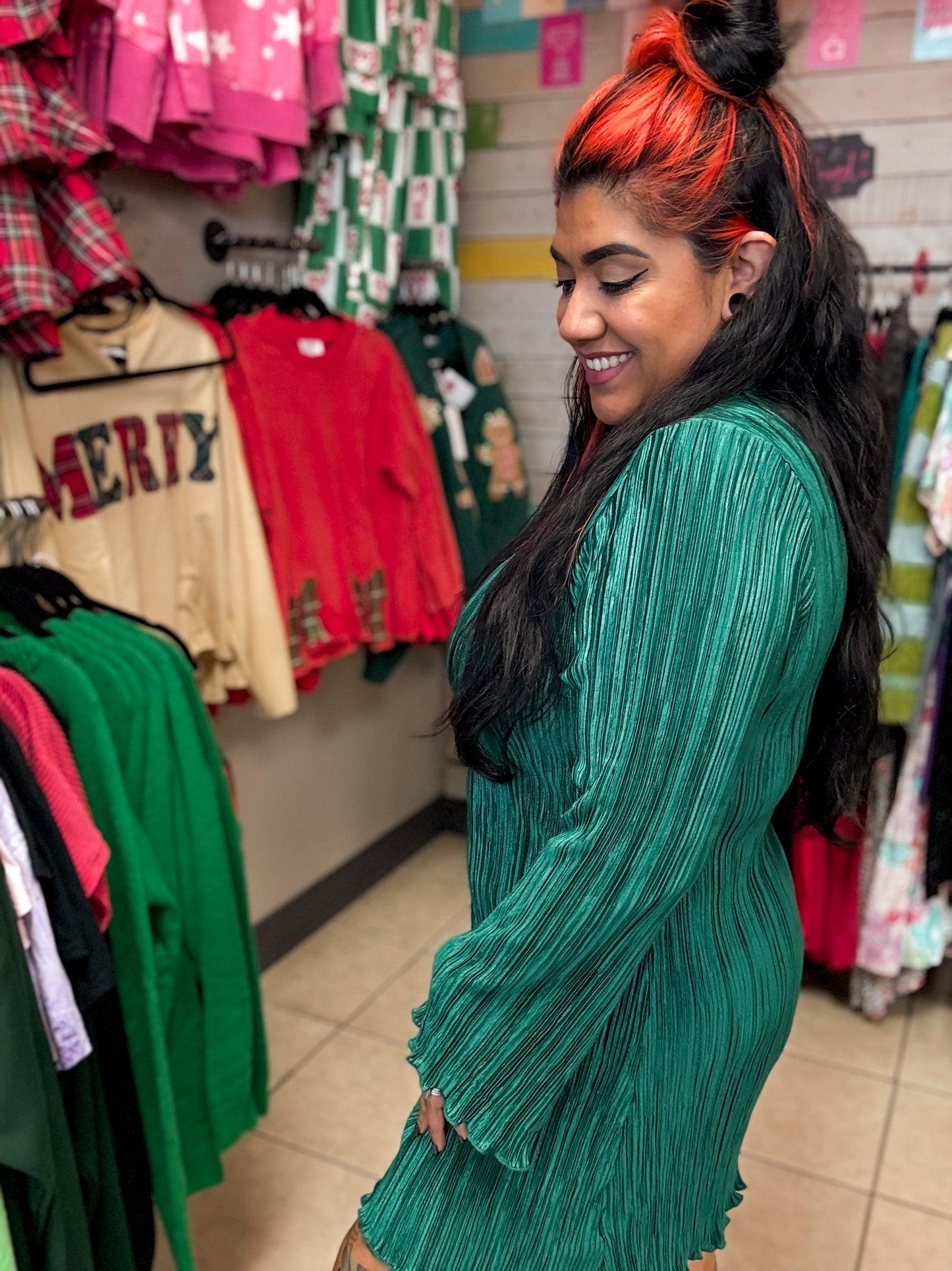 Green Plisse Bell Sleeve Dress