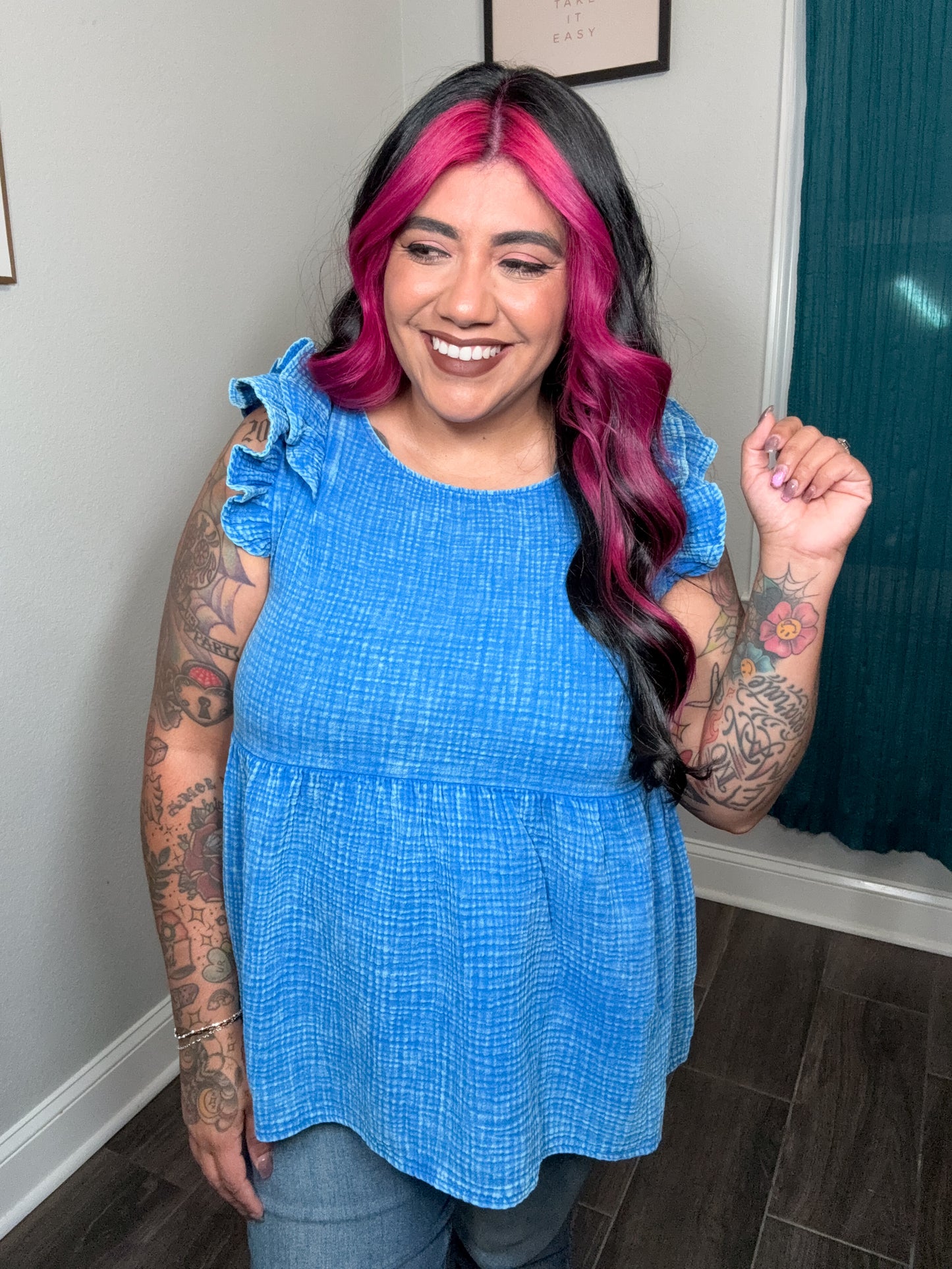 Blue Mineral Washed Ruff Sleeve Top