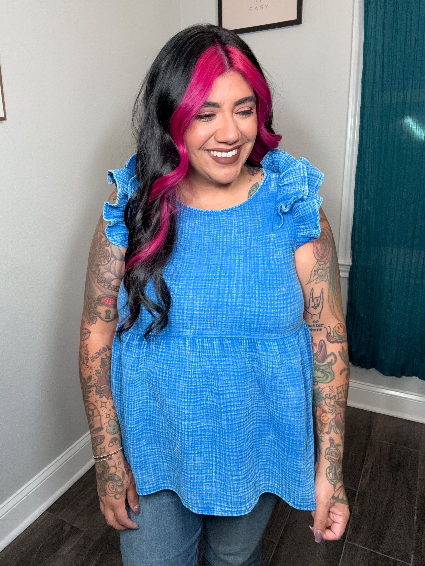 Blue Mineral Washed Ruff Sleeve Top