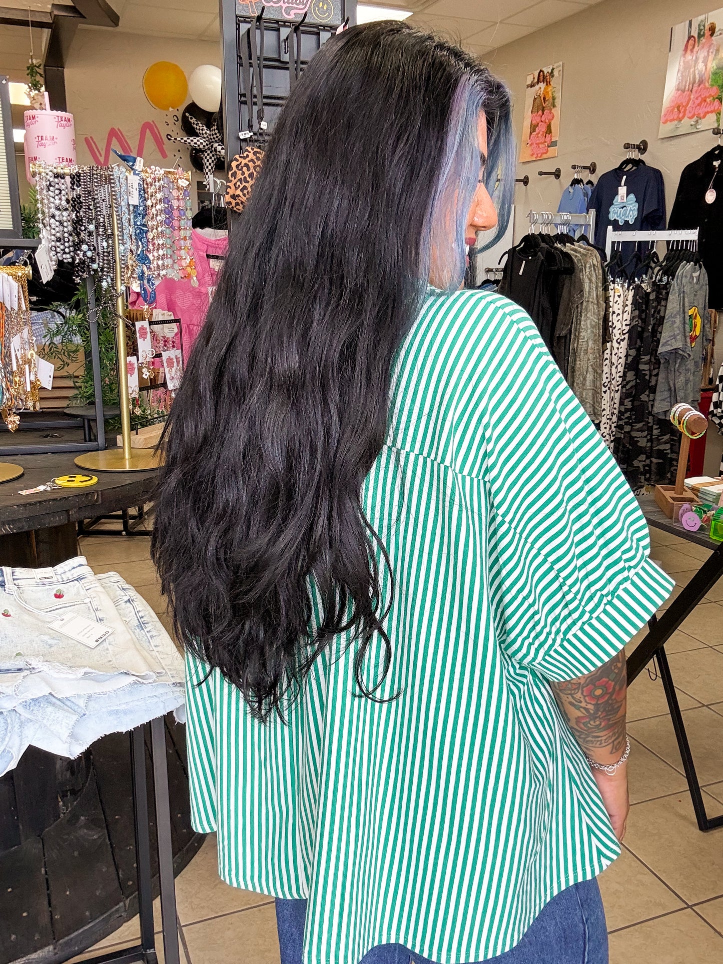 Green Striped Oversized Top