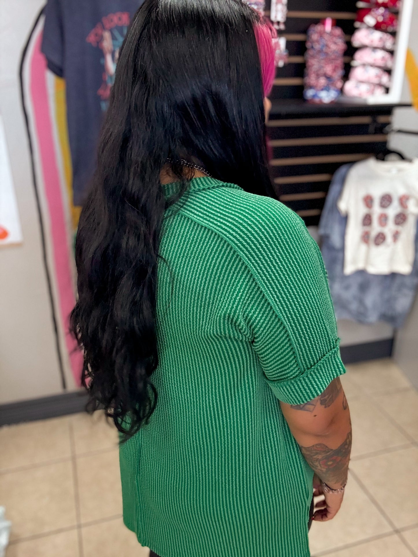 Green Corded Short Sleeve Hi-low V Neck Top