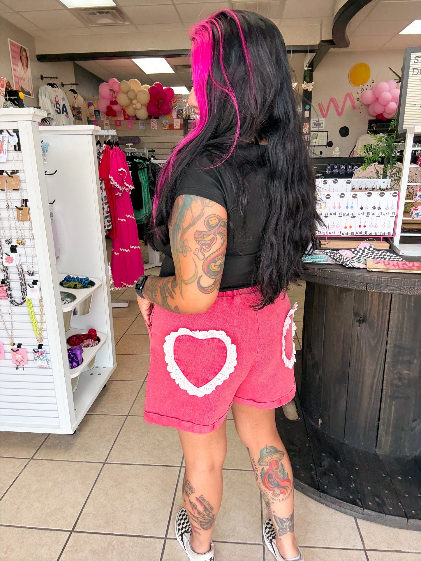 Red Heart Pocket Denim Shorts