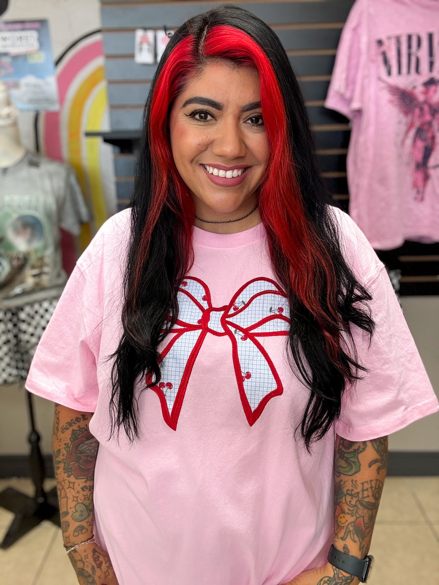 Cherry Gingham Bow Oversized Tee