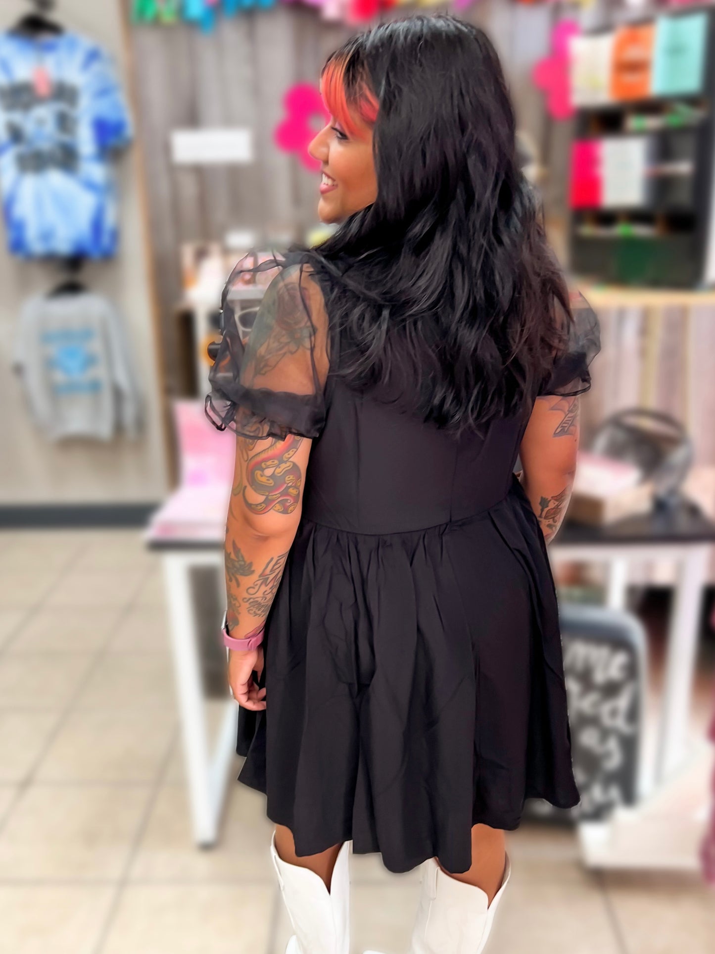 Sheer Puff Sleeve Black Dress