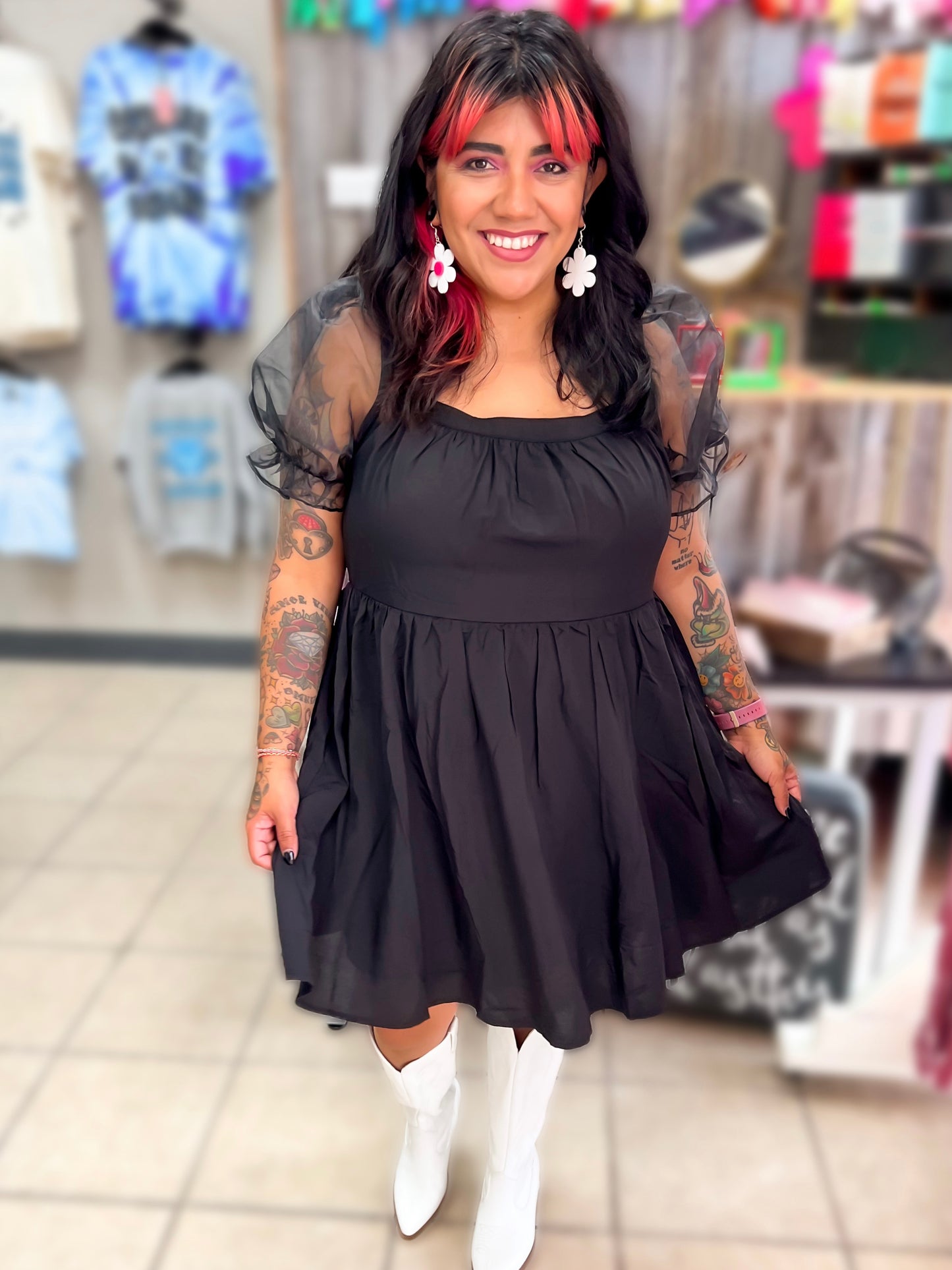 Sheer Puff Sleeve Black Dress