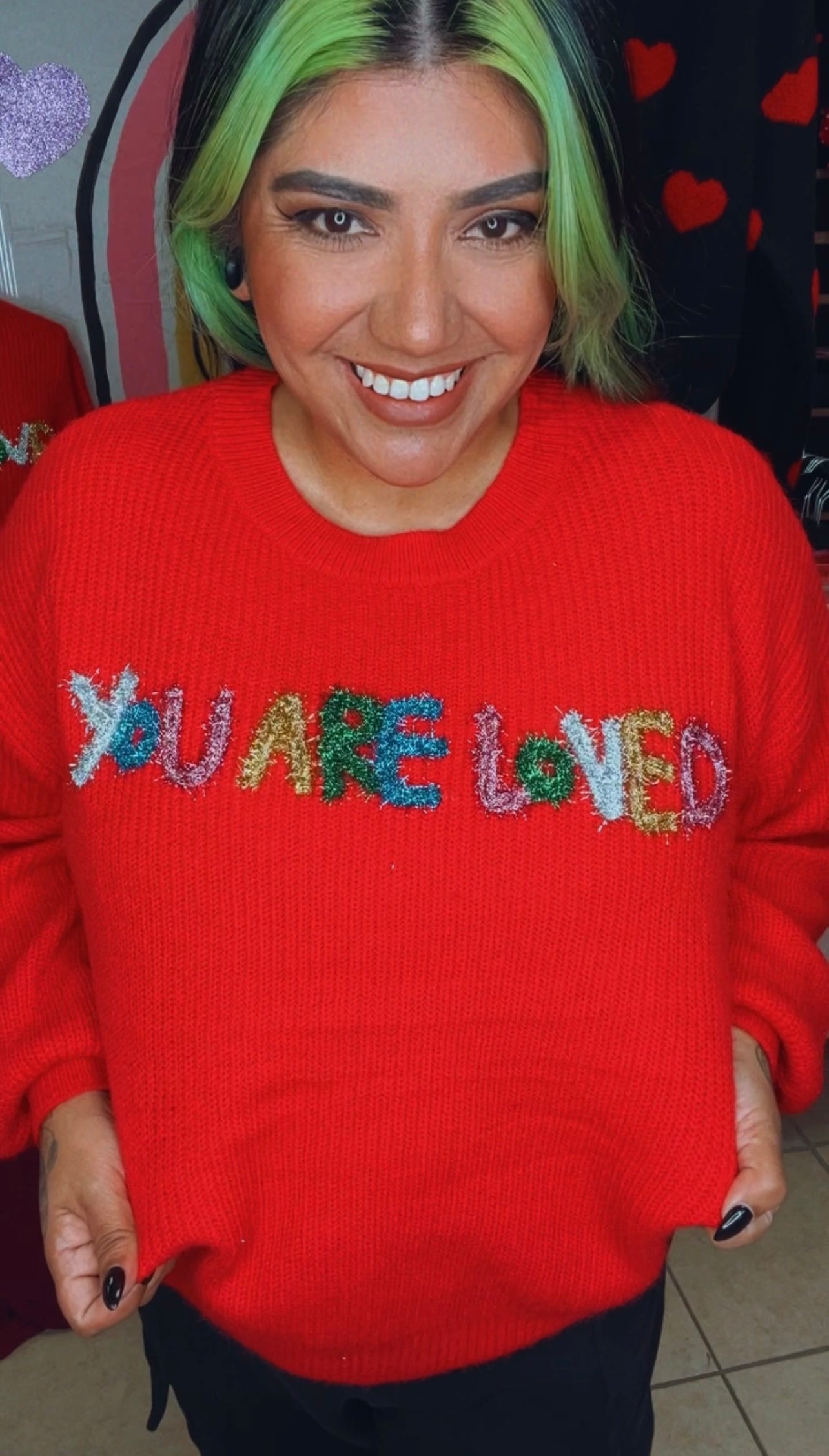 You Are Loved Red Tinsel Sweater