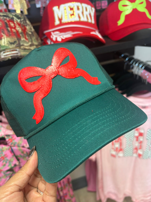 Red Shimmer Bow Green Hat
