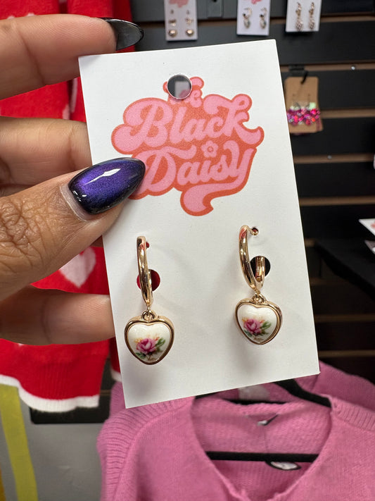 Pink Floral Heart Hoop Earrings