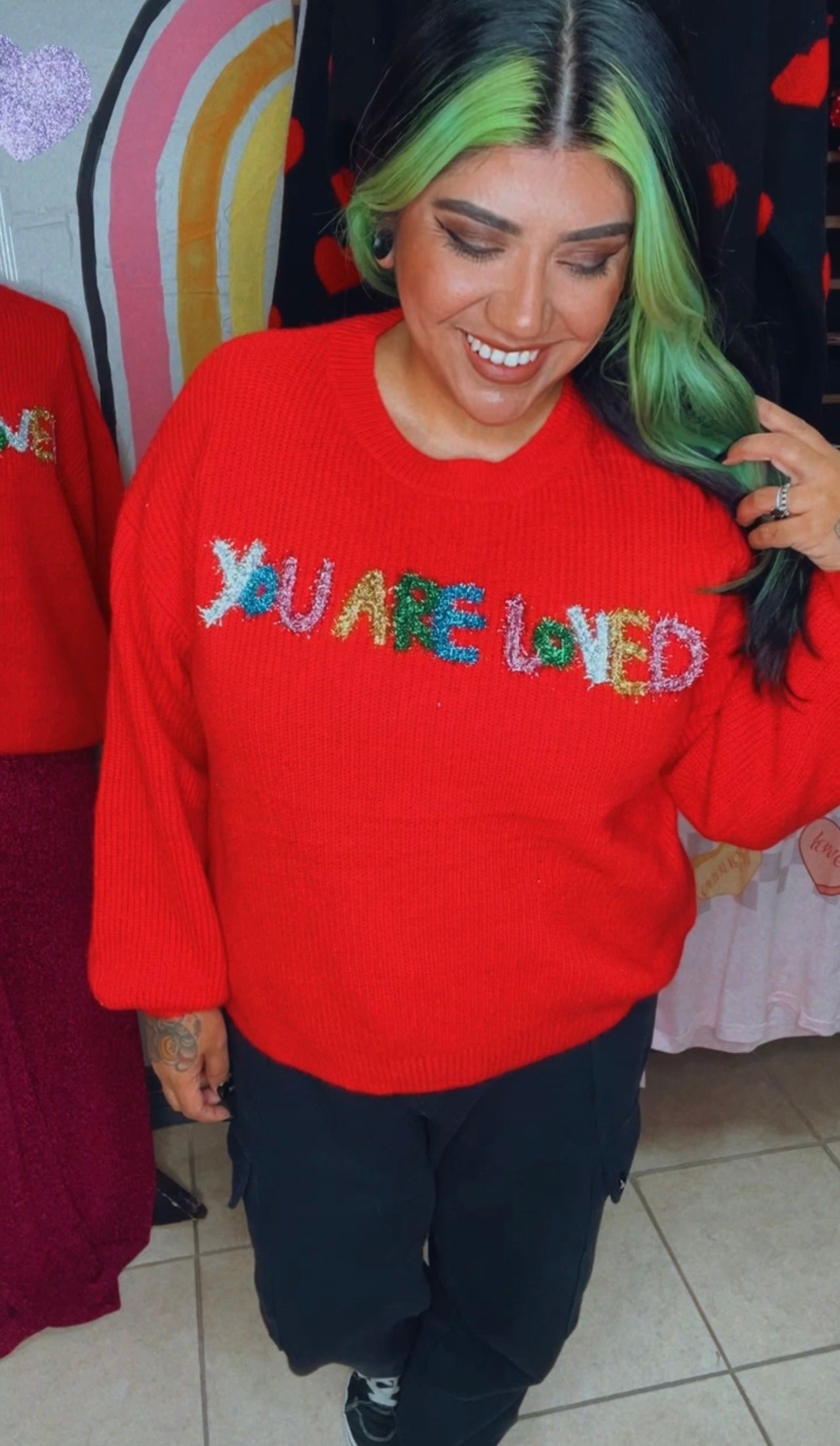 You Are Loved Red Tinsel Sweater