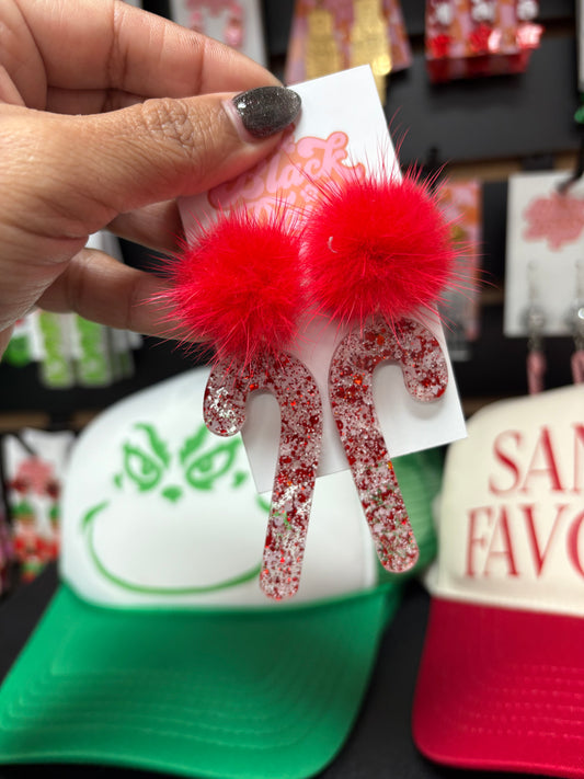 Red Poof Candy Cane Earrings