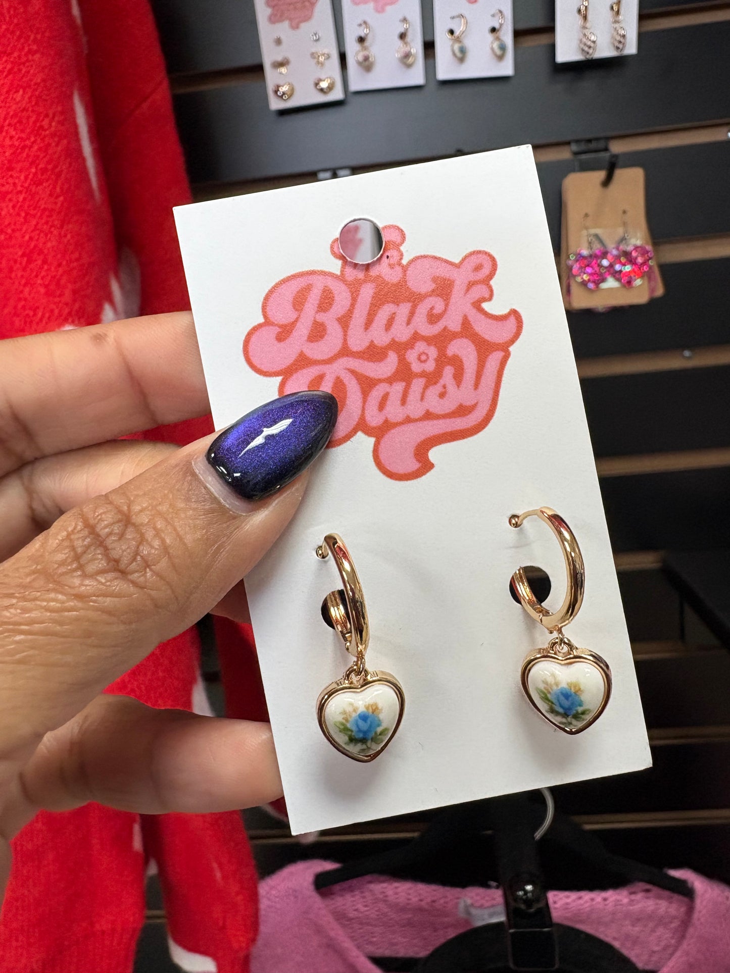 Blue Floral Heart Hoop Earrings