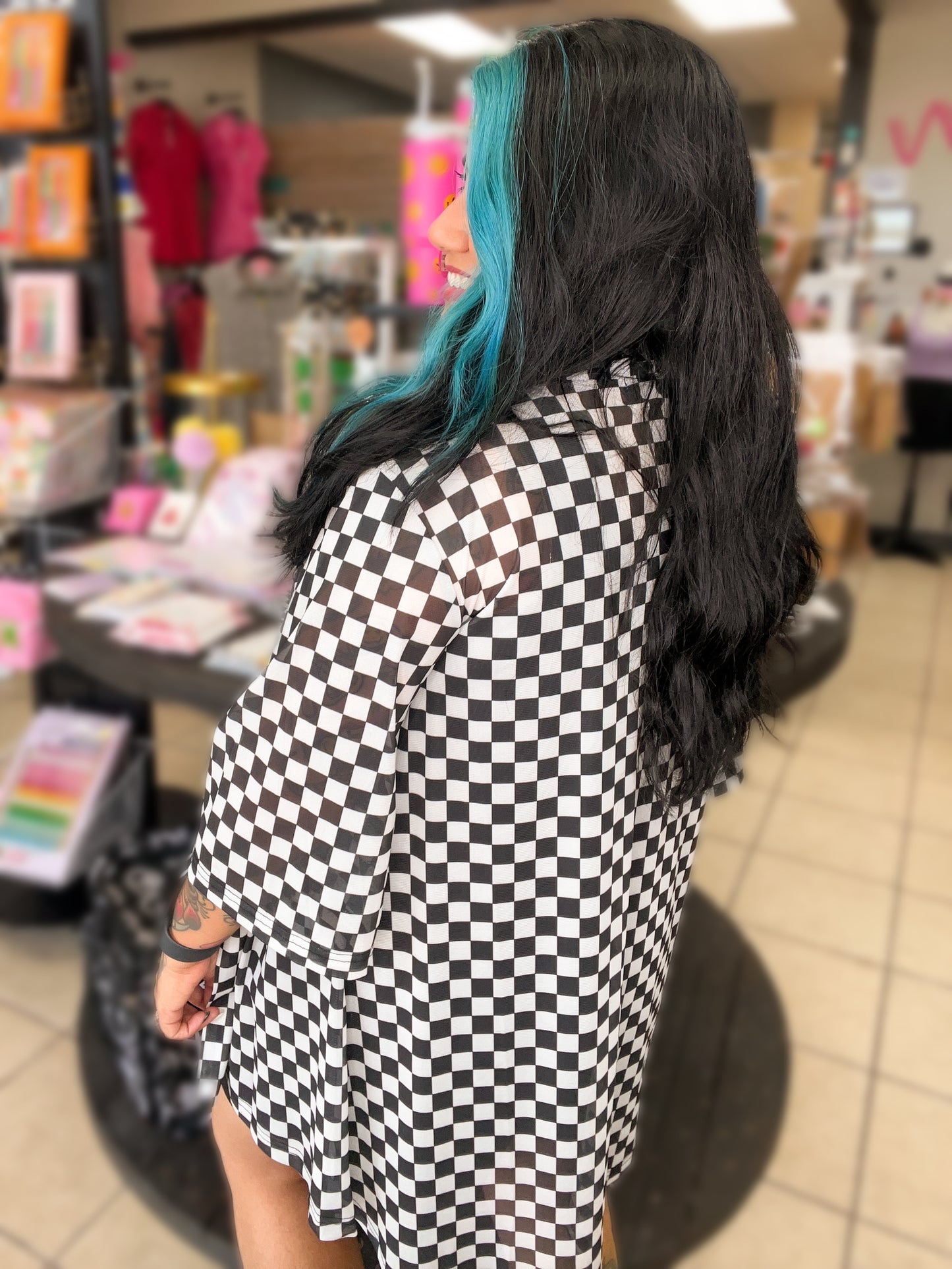 Checkered Mesh Kimono