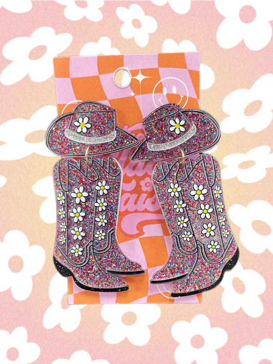 Glitter Cowgirl Hat and Boots Stud Earrings