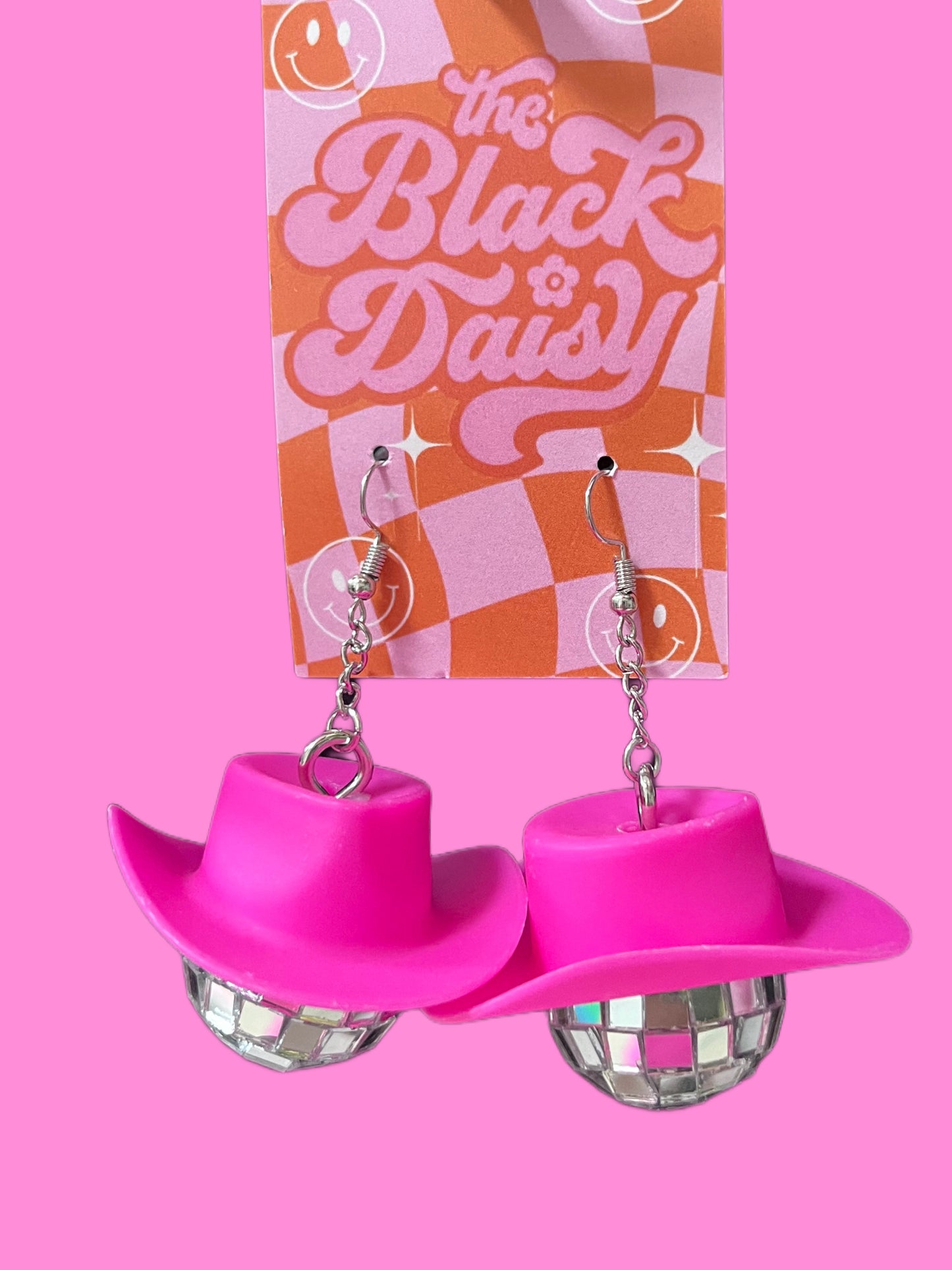 Pink Cowgirl Hat and Disco Ball Earrings
