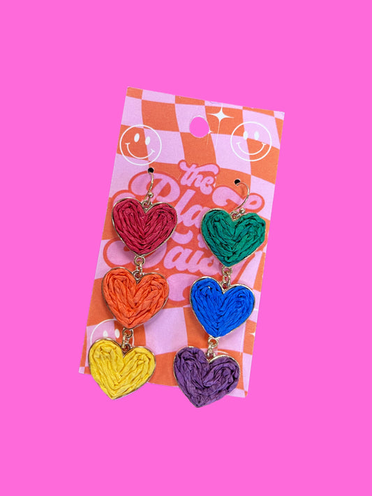 Rainbow Raffia Heart Dangle Earrings