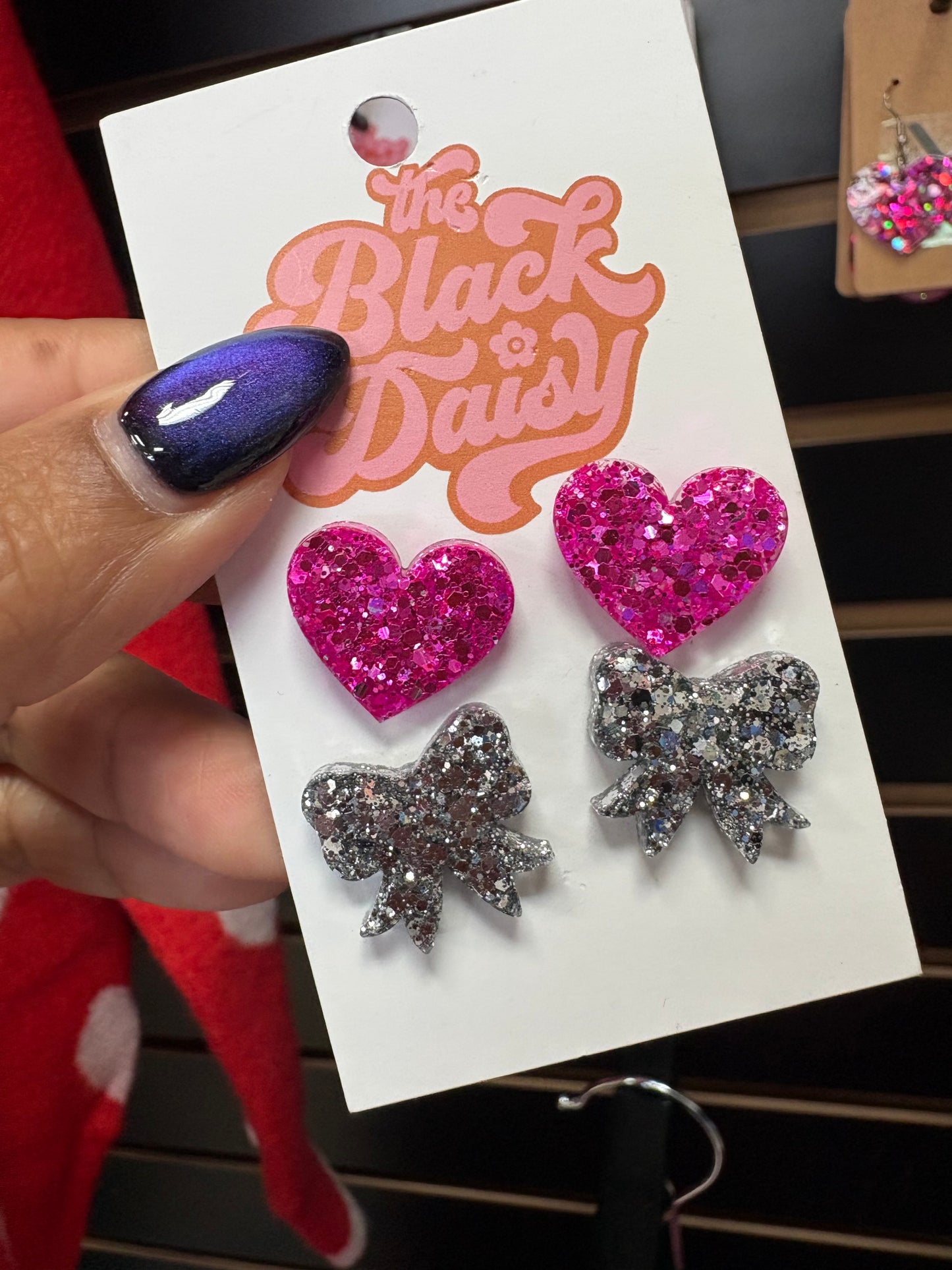 Glitter Heart and Bow Stud Set
