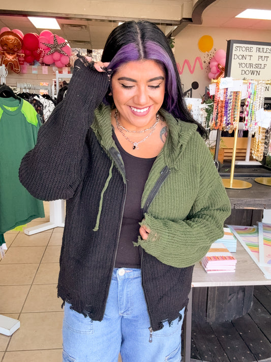 Distressed Knit Zip up Hoodie
