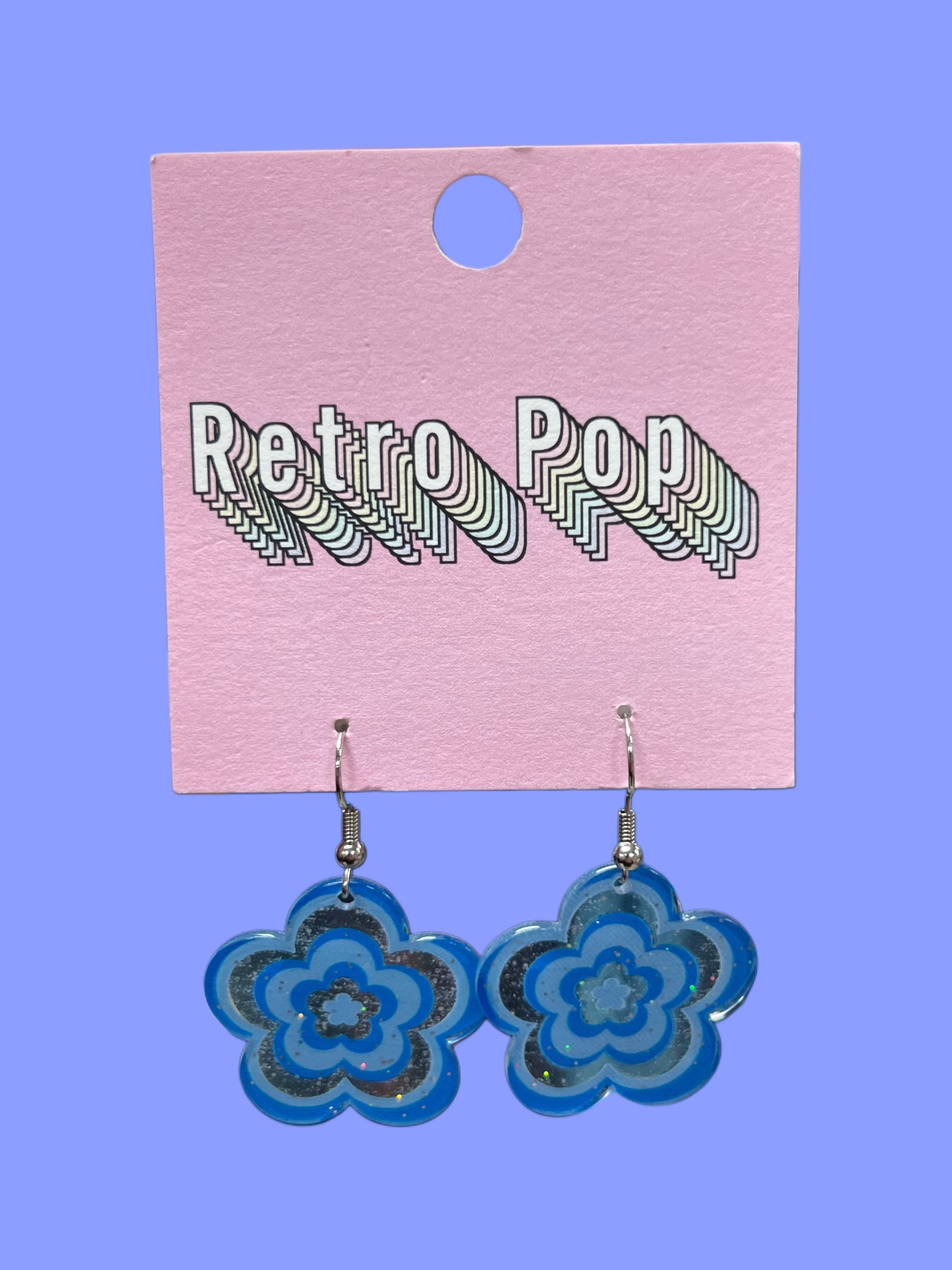 Glitter Flower Earrings - Blue