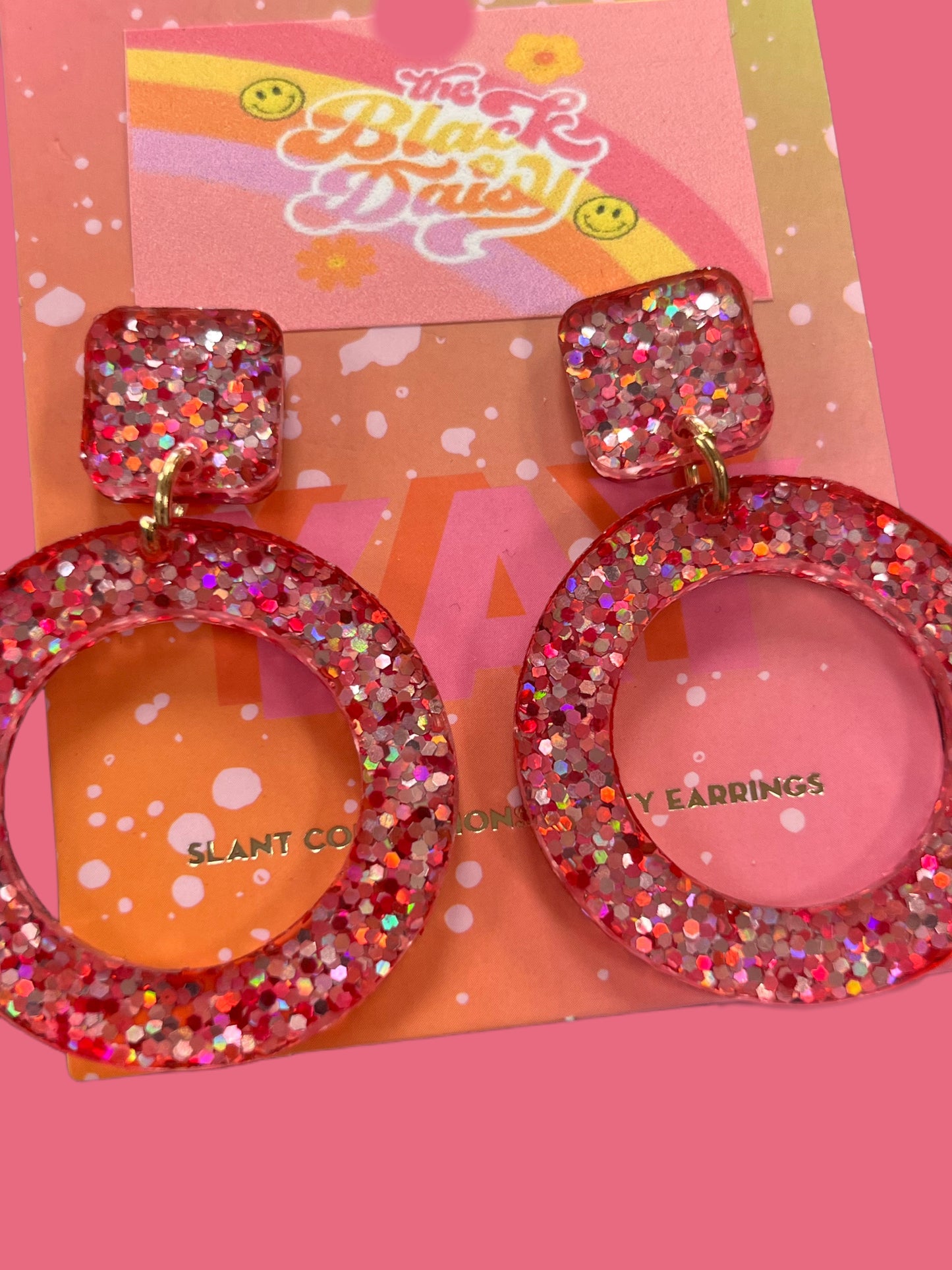 Fun Pink Glitter Circle Stud Earrings