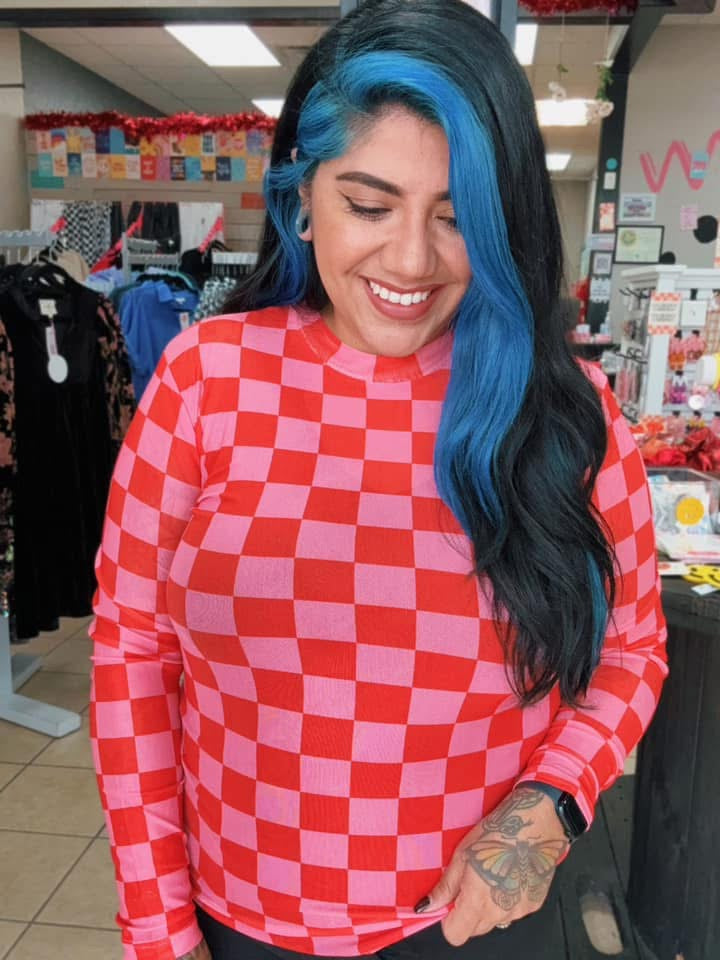 Pink and Red Checkered Mesh Top