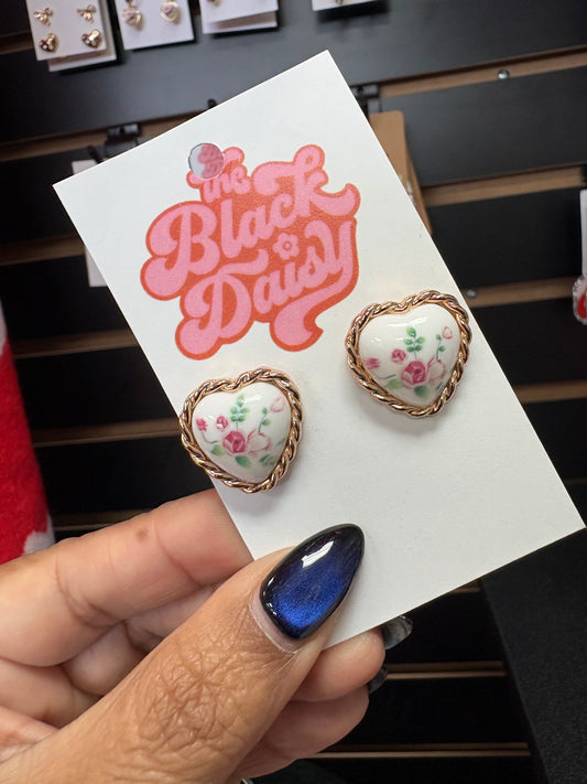 Pink Floral Heart Stud Earrings