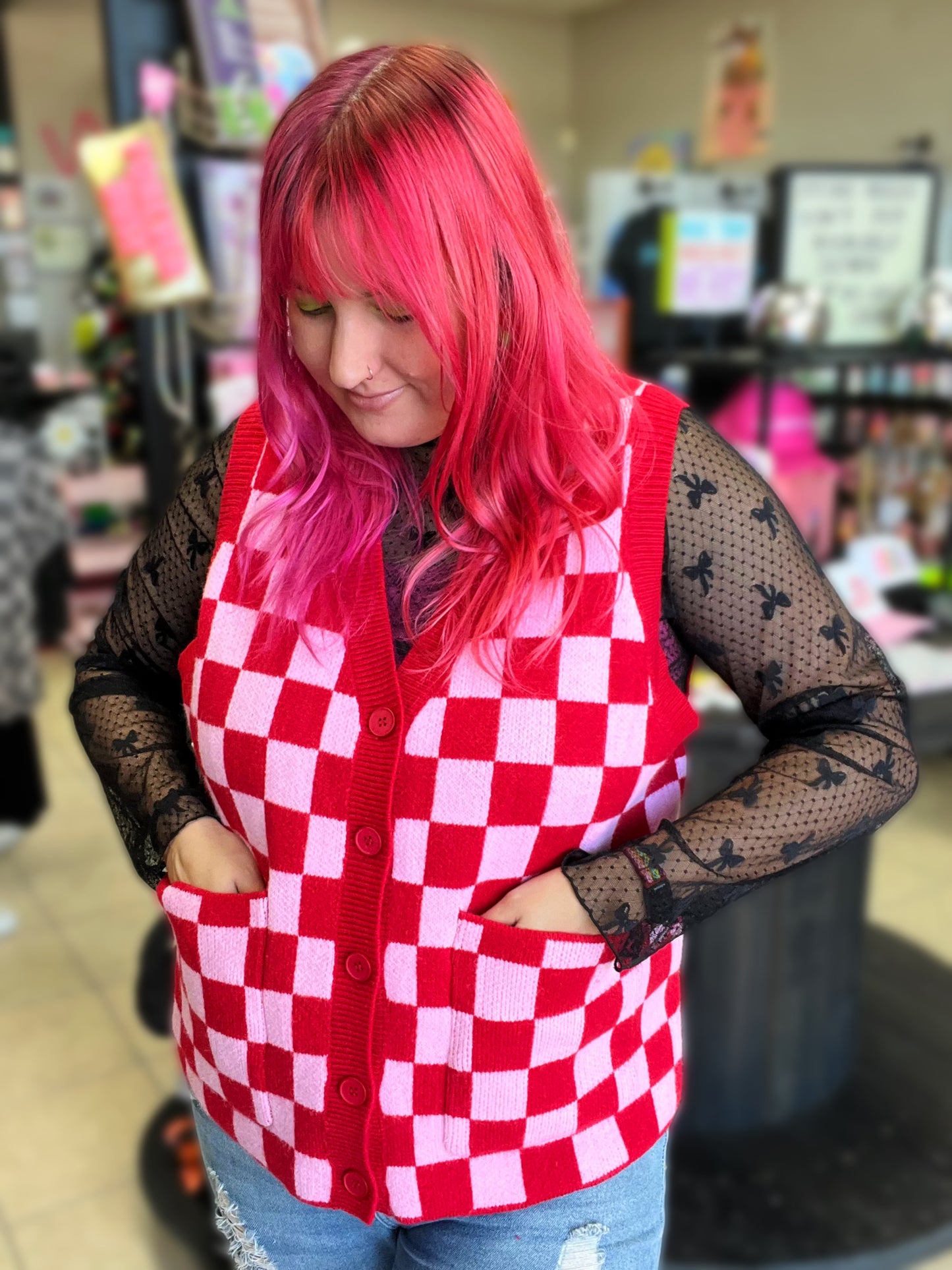 Checker Sweater Vest - Pink and Red