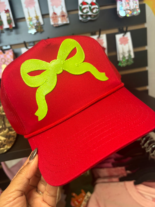 Green Shimmer Bow Red Hat