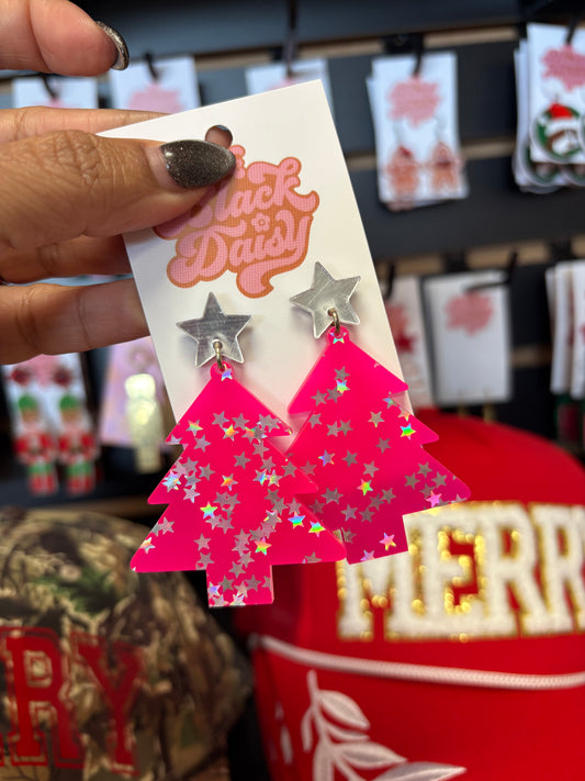 Hot Pink Christmas Tree Earrings