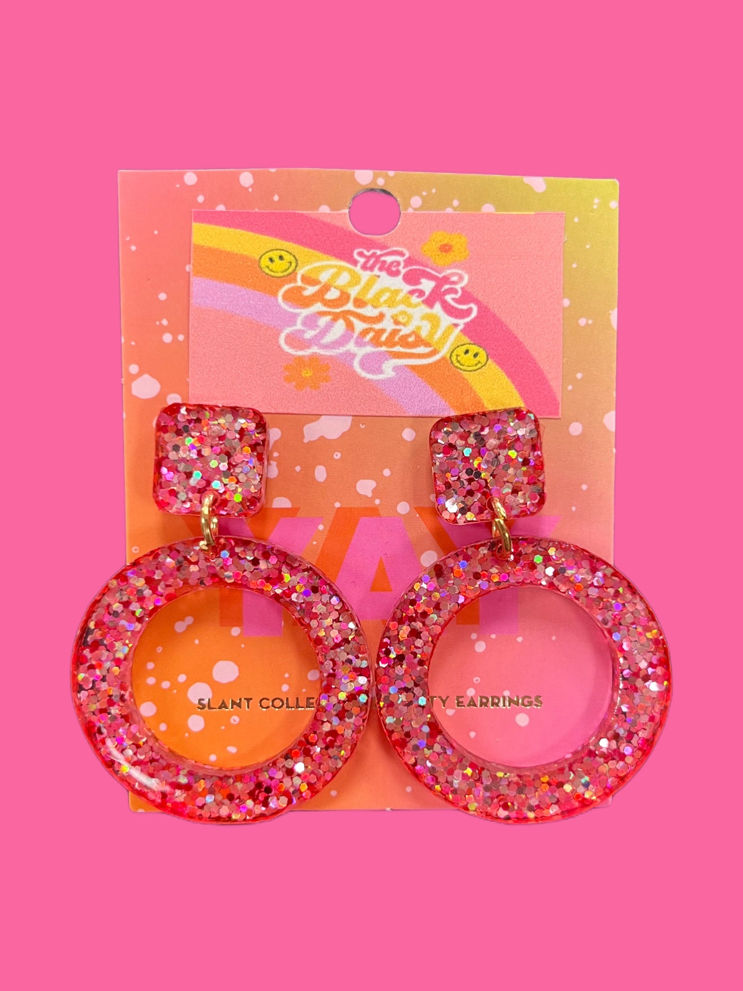 Fun Pink Glitter Circle Stud Earrings