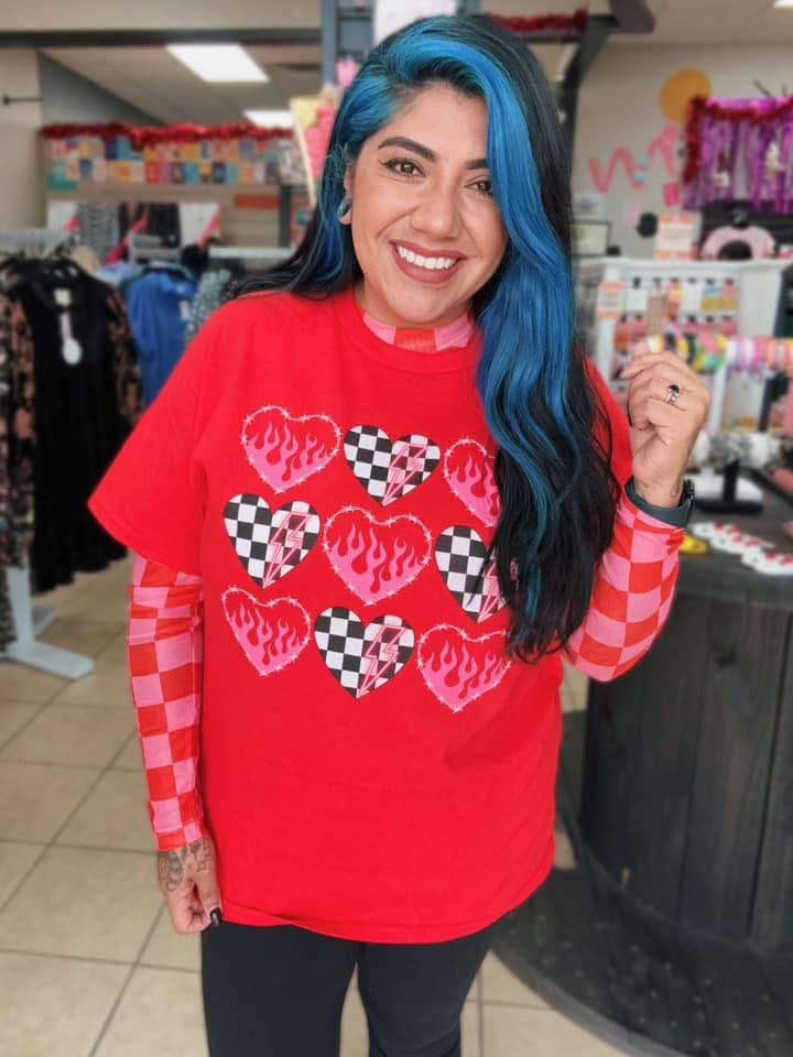 Pink and Red Checkered Mesh Top