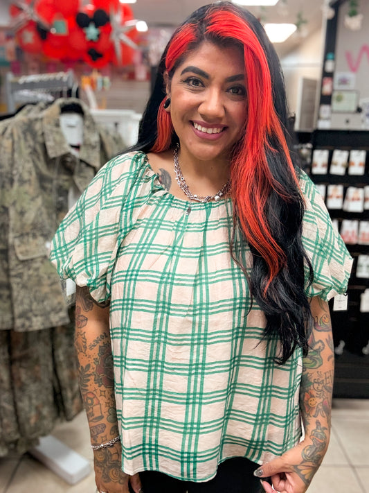 Cream and Green Plaid Top