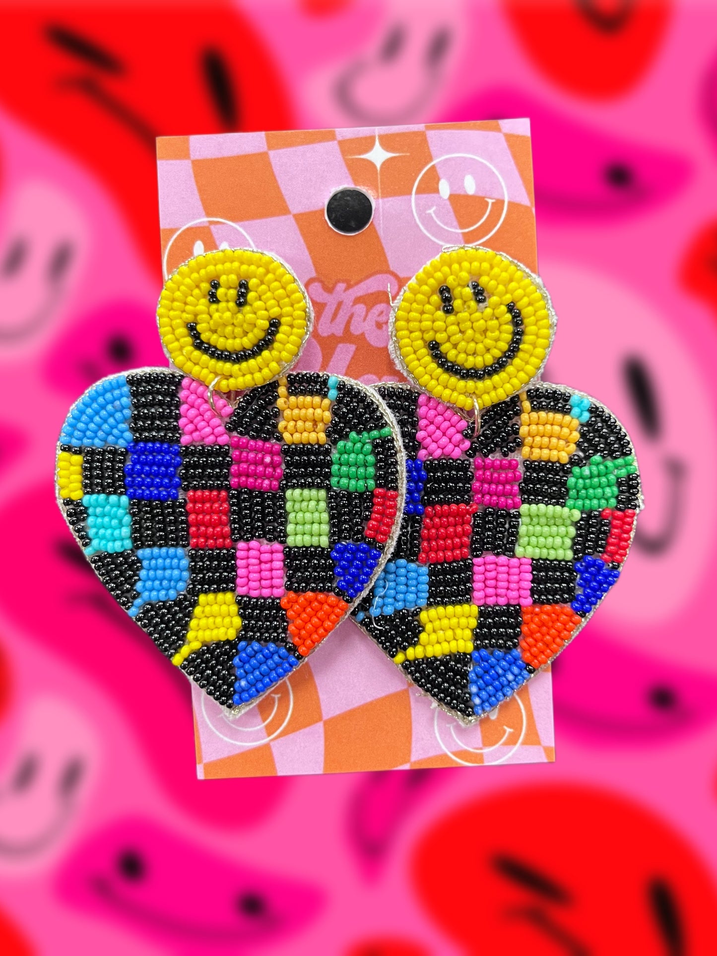 Smiley Rainbow Checker Heart Stud Earrings