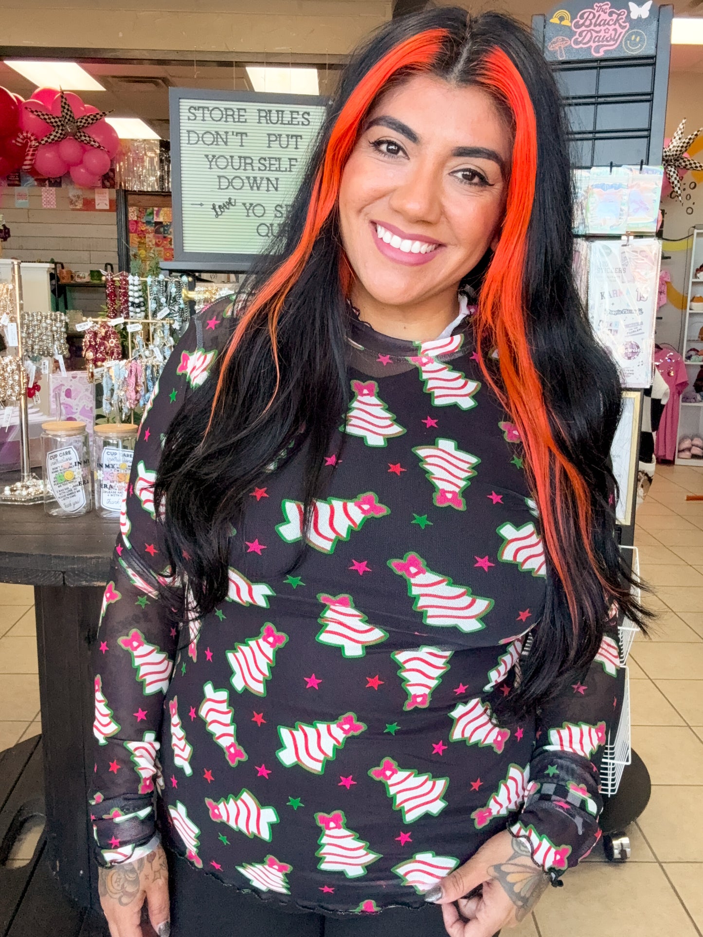 Black Christmas Tree Mesh Top