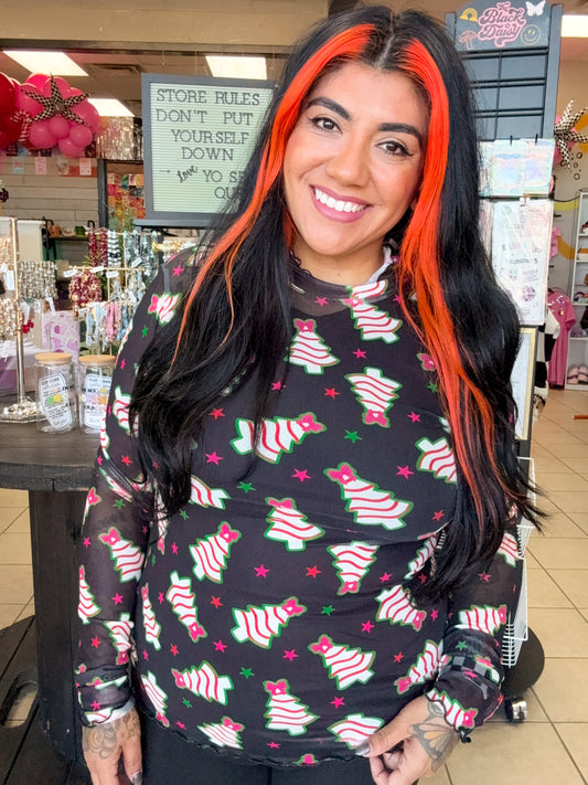 Black Christmas Tree Mesh Top
