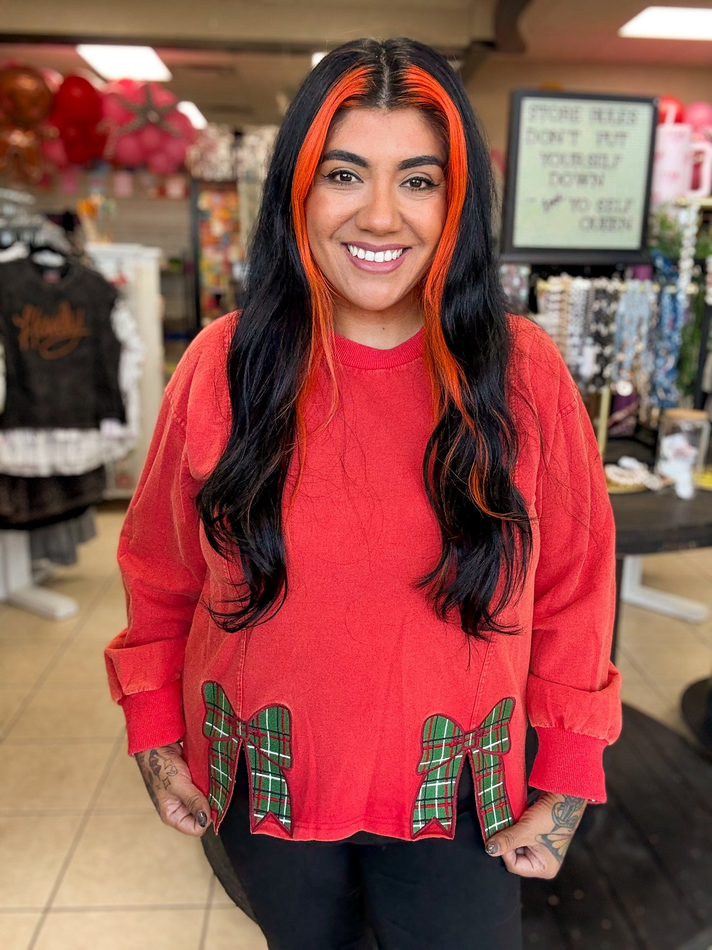 Red Bow Detail Crewneck Sweater