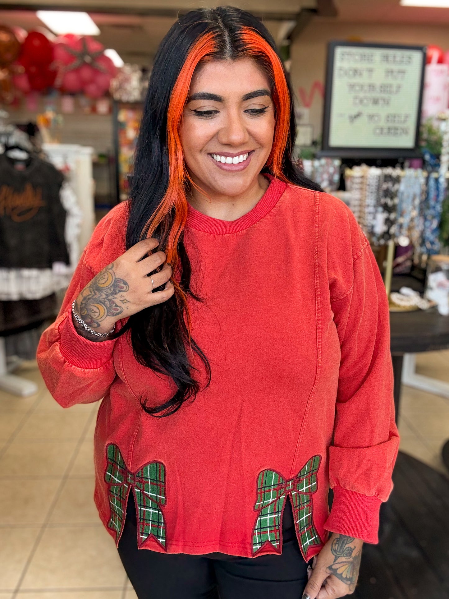 Red Bow Detail Crewneck Sweater