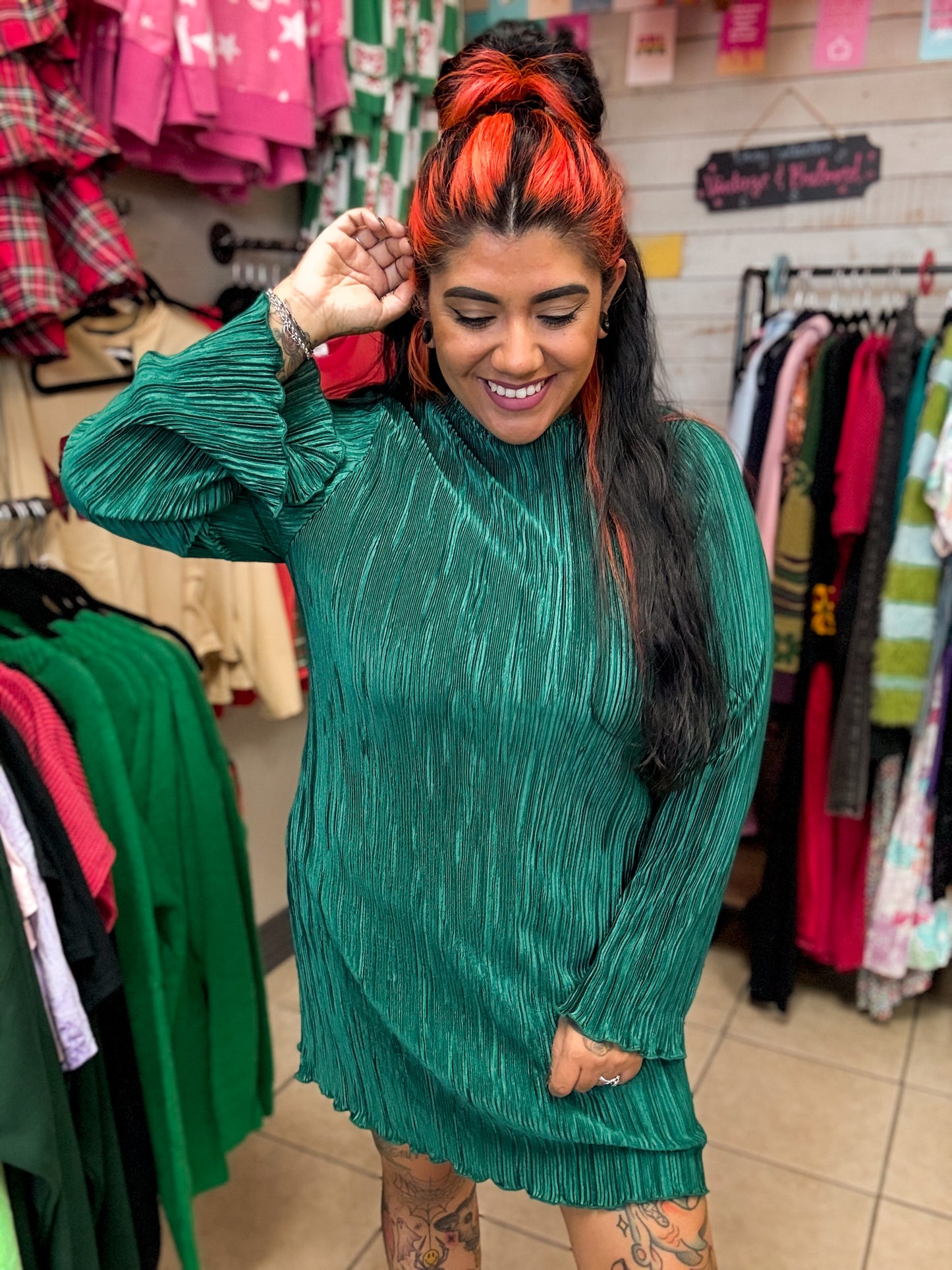 Green Plisse Bell Sleeve Dress