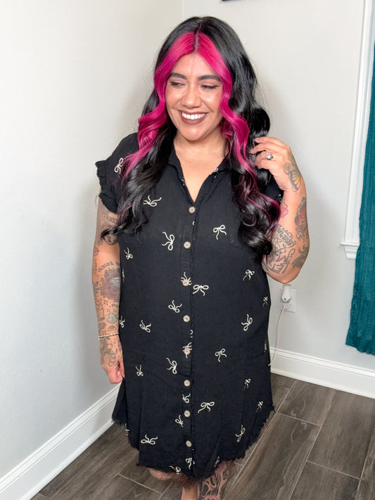 Black Linen Bow Dress