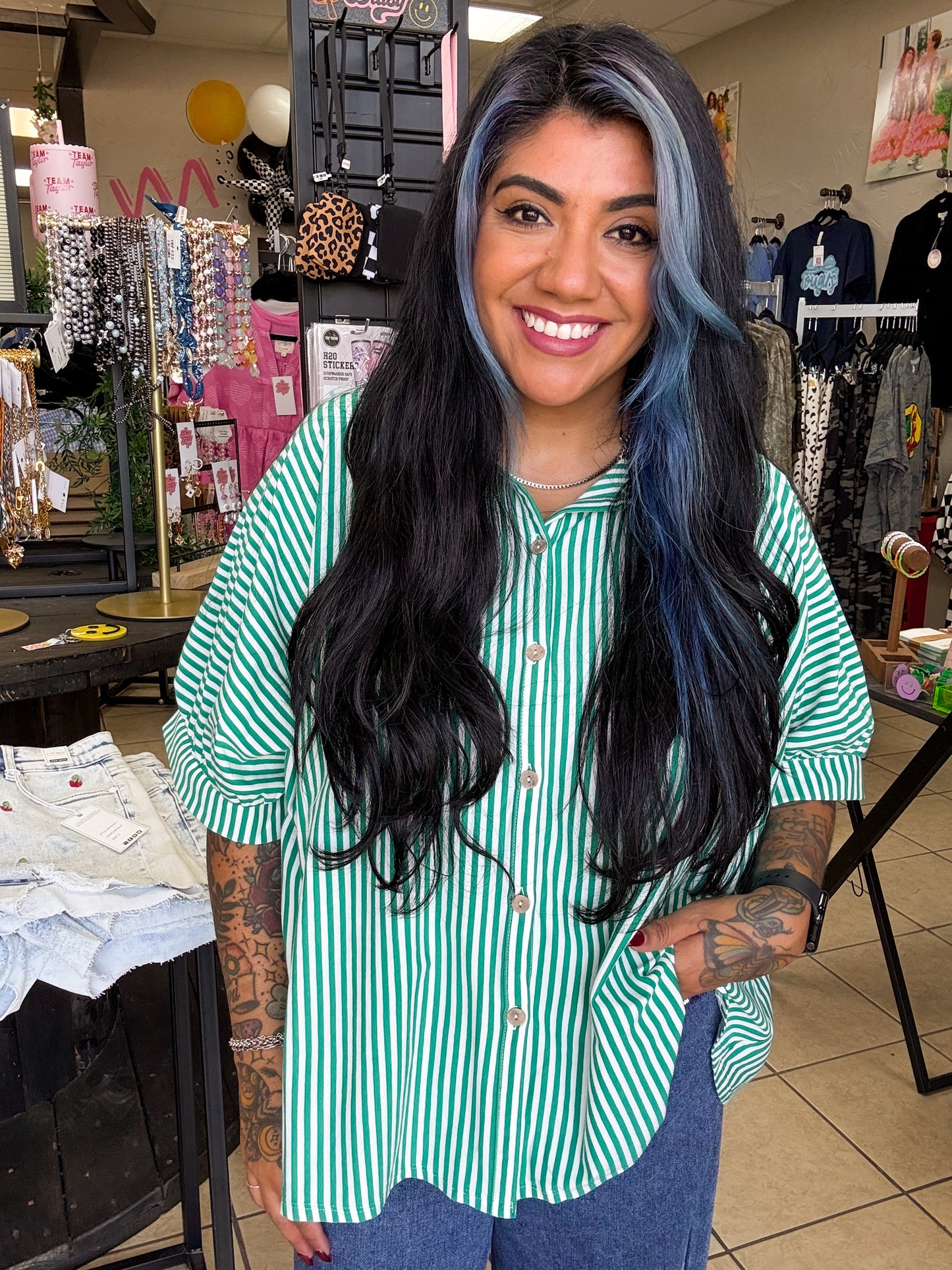 Green Striped Oversized Top