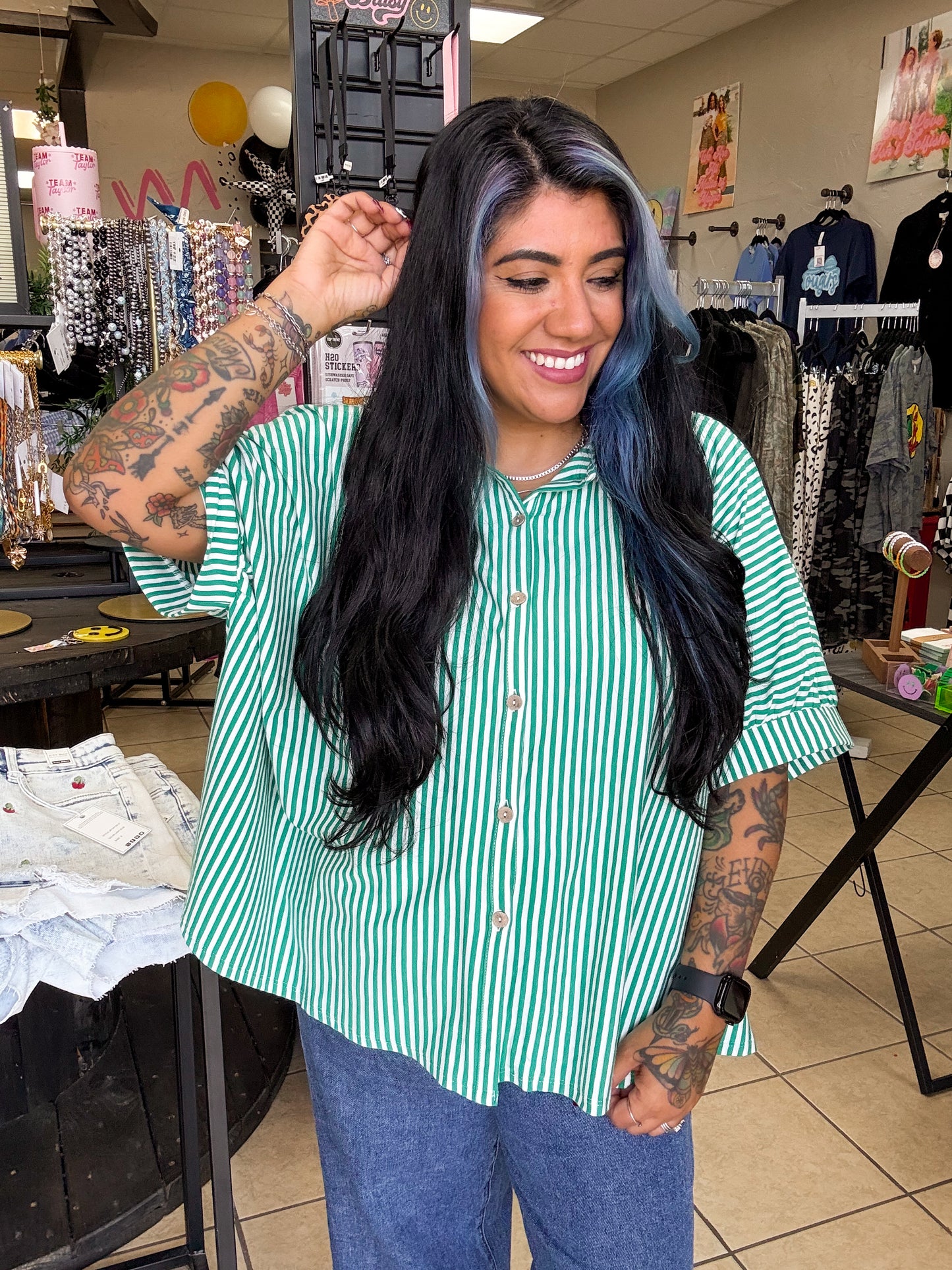 Green Striped Oversized Top
