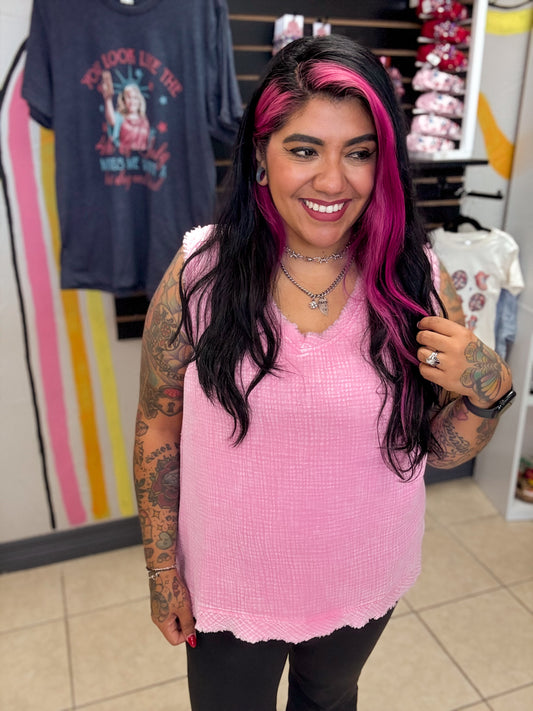 Pink Gauze Raw Edge Acid Washed Tank Top