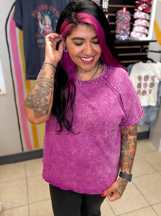 Plum Crinkle Washed Raglan Top