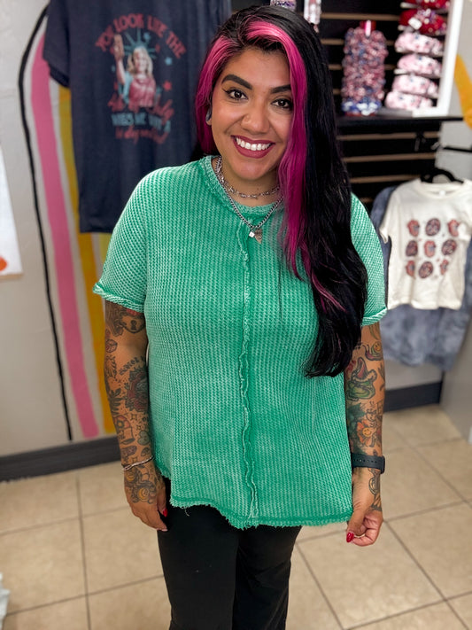 Green Washed Waffle Top