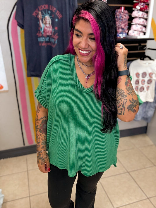 Green Corded Short Sleeve Hi-low V Neck Top
