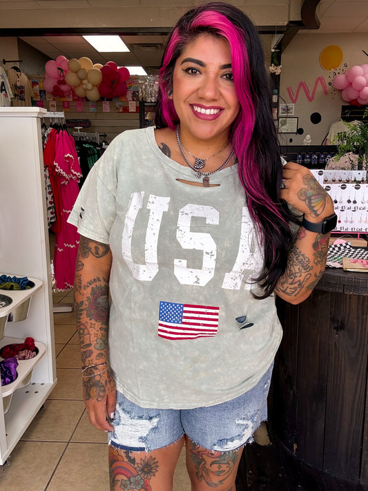 Mineral Washed USA Distressed Tee